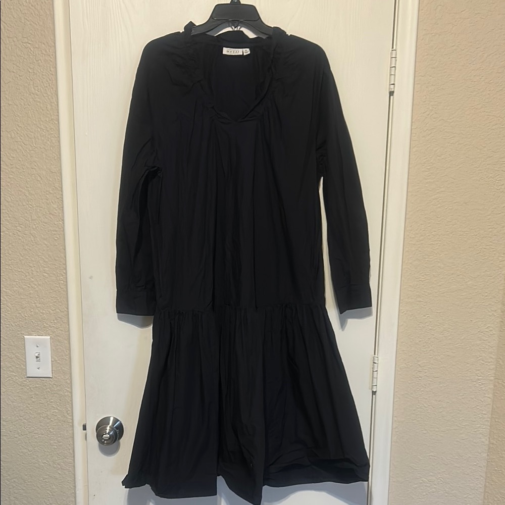 Masai Nerthus Black Long Sleeve Ruffle Neck Cotton Dress